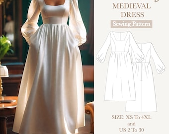 May include: A sewing pattern for a medieval dress in white. The pattern includes instructions for sizes XS to 4XL and US sizes 2 to 30. The pattern is in A4-AO-US letter format.