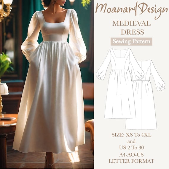 Medieval dress sewing pattern, square neck midi dress pattern, puff sleeve fantasy dress pattern, A0 A4 Letter format, size: US 2 to 30