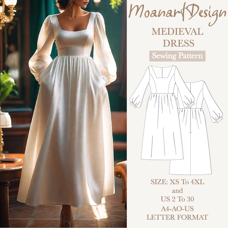 May include: A sewing pattern for a medieval dress in white. The pattern includes instructions for sizes XS to 4XL and US sizes 2 to 30. The pattern is in A4-AO-US letter format.