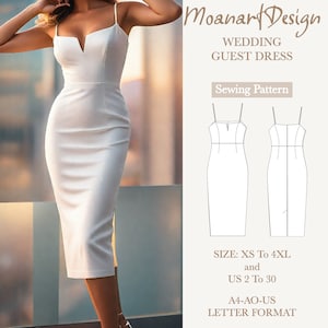 Patrón de vestido de dama de honor con tirantes, vestido de invitada de boda, patrón PDF de vestido midi de tubo de hadas, formato A0-A4-US Letter-Size: US 2 a 30