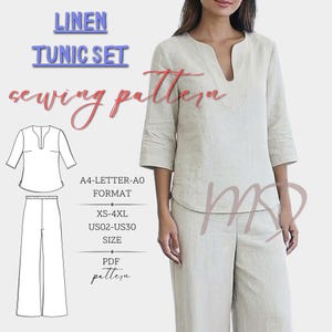 May include: A beige linen tunic set sewing pattern featuring a V-neck tunic with three-quarter sleeves and matching wide-leg trousers. The image includes technical line drawings, text reading LINEN TUNIC SET, sewing pattern, A4-LETTER-A0 FORMAT, XS-4XL, US02-US30 SIZE, and PDF pattern.