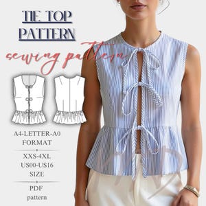 Può includere: Modello di top con fiocco a righe blu e bianche. L'immagine mostra un top senza maniche con scollatura a goccia e chiusure con fiocco. Il modello include le taglie XXS-4XL ed è disponibile in formato PDF.