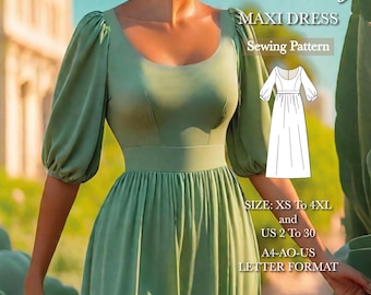 Könnte beinhalten: Ein salbeigrünes Maxikleid mit Rundhalsausschnitt und Puffärmeln. Das Bild enthält den Text: MoanartDesign, MAXI DRESS, Sewing Pattern, SIZE: XS To 4XL and US 2 To 30, A4-AO-US LETTER FORMAT, sowie eine schwarz-weiße Strichzeichnung des Kleides.