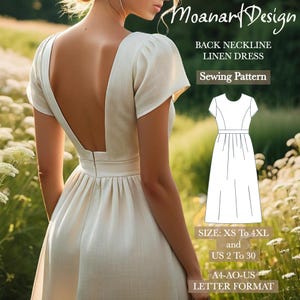Patrón de vestido midi sin espalda, patrón de costura de vestido midi con espalda abierta y fruncida cuadrada, vestido formal cottagecore, tamaño: A0 A4 Carta de EE. UU. - EE. UU. 2 a 30