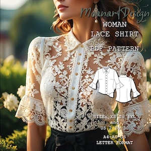 Padrão de PDF para camisa de renda feminina, padrão de costura de camisa de manga comprida com babados em meio círculoTamanho: A0 A4 Carta dos EUA - EUA 2 a 30