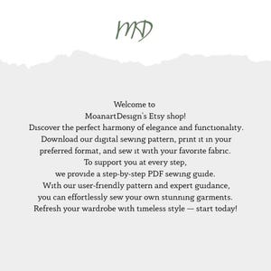 K&ouml;nnte beinhalten: Heller Hintergrund mit Text, der "Willkommen im Etsy-Shop von MoanartDesign!" bewirbt und weitere Informationen zu digitalen Schnittmustern enth&auml;lt. Das Logo "MD" befindet sich oben links.