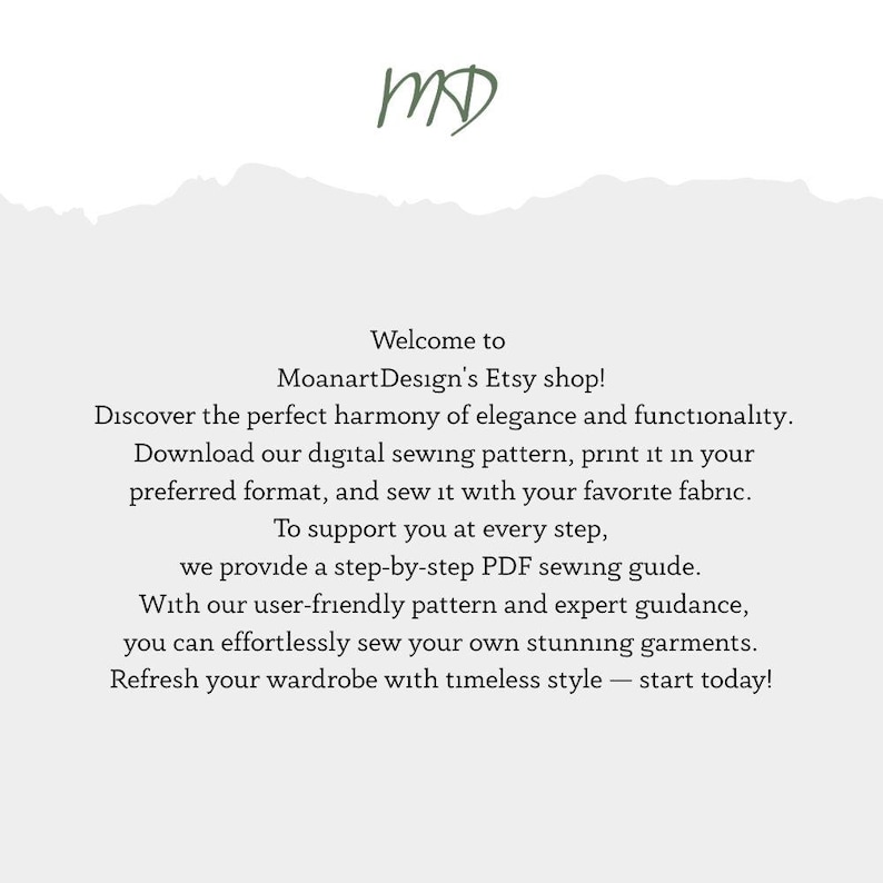 K&ouml;nnte beinhalten: Heller Hintergrund mit Text, der "Willkommen im Etsy-Shop von MoanartDesign!" bewirbt und weitere Informationen zu digitalen Schnittmustern enth&auml;lt. Das Logo "MD" befindet sich oben links.