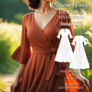 Vestido longo com decote envolvente e manga sino, padrão em PDF, padrão de costura para vestido boho de manga comprida, vestido vintage, tamanho: A0 A4 Carta dos EUA - EUA 2 a 30