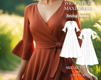 Wrap neck bell sleeve maxi dress PDF pattern, long sleeve bohemian dress sewing pattern, vintage dress, Size:A0 A4 US Letter-US 2 to 30