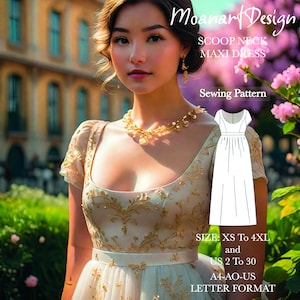 Empire-Taille Maxikleid mit U-Ausschnitt, PDF, PDF, Elvish Style Dress Pattern, A0/A4/US Letter, Sizes US 02–30