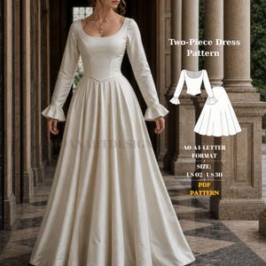 May include: A cream-colored long-sleeved dress with a scoop neckline and flared cuffs. The image includes a technical line drawing of the two-piece dress pattern, labeled Two-Piece Dress Pattern, A0-A4-LETTER FORMAT, SIZE: US 02 - US 30, PDF PATTERN.