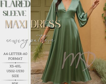 V Neck Dress Sewing Pattern | Flared Sleeve Dress Sewing Pattern | Maxi Dress Sewing Pattern | PDF Digital Sewing Pattern, Size:US 2 to 30