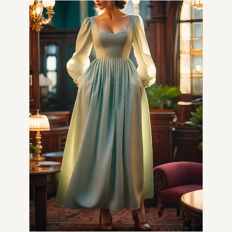 May include: A light green maxi dress with a square neckline and long sleeves. The dress has a fitted bodice and a flowing skirt.