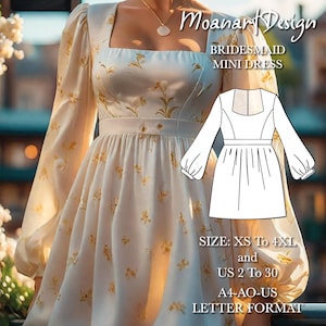 May include: A printable sewing pattern for a bridesmaid mini dress with long sleeves and a square neckline. The pattern is available in sizes XS to 4XL and US sizes 2 to 30. The pattern is in A4-AO-US letter format.