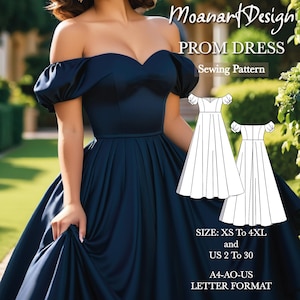Op de afbeelding: Een naaipatroon voor een baljurk met off-shoulder bandjes en een volle rok. Het patroon is verkrijgbaar in maten XS tot 4XL en Nederlandse maten 34 tot 48. Het patroon is afgedrukt op A4- of AO-papier in letterformaat.