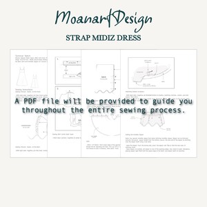 May include: A black and white sewing pattern for a midi dress with straps. The pattern includes instructions for sewing the bodice, skirt, and straps. The text "Moanart Design" and "Strap Midiz Dress" are at the top of the page.