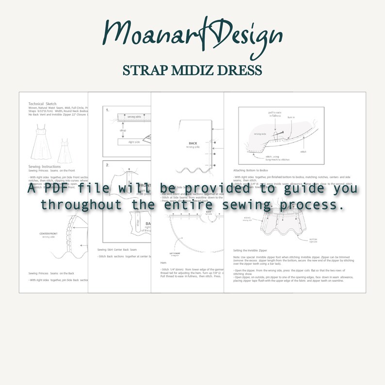 May include: A black and white sewing pattern for a midi dress with straps. The pattern includes instructions for sewing the bodice, skirt, and straps. The text "Moanart Design" and "Strap Midiz Dress" are at the top of the page.