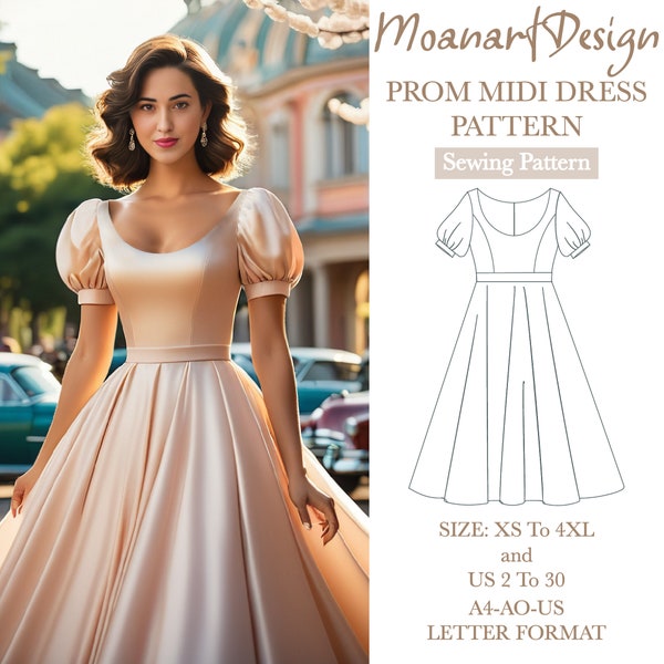 Prom dress puff sleeves PDF pattern, wide scoop neck midi dress prom cosplay dress sewing pattern, A0 A4 US Letter Format-Size: US 2 to 30