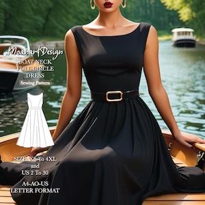 Patrón de costura para vestido de cuello barco estilo vintage, vestido de círculo completo de los años 50, patrón de vestido negro formal, tamaño: A0 A4 Carta de EE. UU. - EE. UU. 2 a 30