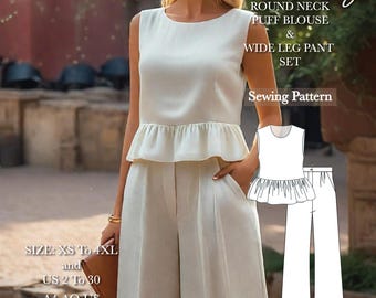 May include: A cream-colored sleeveless round neck puff blouse with a peplum waist and matching wide-leg pants. The image includes a technical line drawing of the sewing pattern, text reading MoanartDesign, and size information from XS to 4XL.