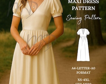 Maxi Kleid mit V-Ausschnitt PDF Schnittmuster, Bischof Ärmel Abendkleid Schnittmuster, Frauen Abschlusskleid Schnittmuster, Cottagecore Kleid, Größe: US 2 bis 30