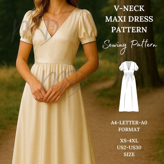V Neck Maxi Dress PDF Sewing Pattern, Bishop Sleeve Prom Dress Pattern,  Women Graduation Dress Pattern, Cottagecore Dress, Size: US 2 to 30 - Etsy