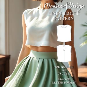 Puede incluir: Un patrón de costura digital para una blusa de lino. El patrón incluye instrucciones para las tallas XS a 4XL y las tallas españolas 34 a 52. El patrón está en formato A4-AO-US.