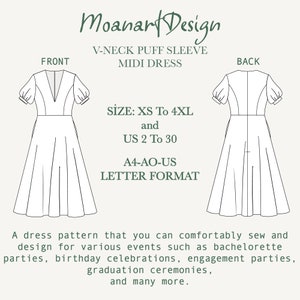K&ouml;nnte beinhalten: Eine Schwarzwei&szlig;-Zeichnung eines Schnittmusters f&uuml;r ein Midi-Kleid mit V-Ausschnitt und Puff&auml;rmeln. Das Schnittmuster wird von vorne und hinten gezeigt. Der Text "Moanart Design" befindet sich oben im Bild. Der Text "V-Neck Puff Sleeve Midi Dress" befindet sich unter dem Firmennamen. Der Text "SIZE: XS To 4XL and US 2 To 30" befindet sich in der Mitte des Bildes. Der Text "A4-AO-US LETTER FORMAT" befindet sich unter den Gr&ouml;&szlig;enangaben. Der Text "FRONT" befindet sich &uuml;ber der Vorderansicht des Schnittmusters. Der Text "BACK" befindet sich &uuml;ber der R&uuml;ckansicht des Schnittmusters.