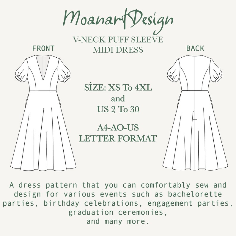 K&ouml;nnte beinhalten: Eine Schwarzwei&szlig;-Zeichnung eines Schnittmusters f&uuml;r ein Midi-Kleid mit V-Ausschnitt und Puff&auml;rmeln. Das Schnittmuster wird von vorne und hinten gezeigt. Der Text "Moanart Design" befindet sich oben im Bild. Der Text "V-Neck Puff Sleeve Midi Dress" befindet sich unter dem Firmennamen. Der Text "SIZE: XS To 4XL and US 2 To 30" befindet sich in der Mitte des Bildes. Der Text "A4-AO-US LETTER FORMAT" befindet sich unter den Gr&ouml;&szlig;enangaben. Der Text "FRONT" befindet sich &uuml;ber der Vorderansicht des Schnittmusters. Der Text "BACK" befindet sich &uuml;ber der R&uuml;ckansicht des Schnittmusters.