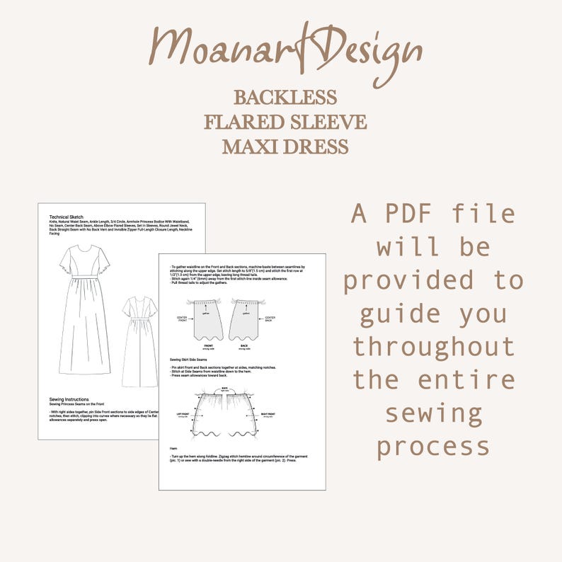 May include: A black and white sewing pattern for a backless maxi dress with flared sleeves. The pattern includes instructions for sewing the dress and a technical sketch of the dress.
