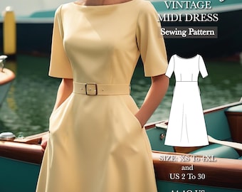 Modello di cucito per abito vintage con scollo a barca, modello di cucito per abito retrò a maniche corte, modello PDF per abito da cocktail midi anni '50, taglie: dalla 2 alla 30 USA