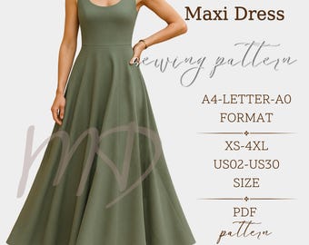 Scoop Neck Maxi Dress Pattern, Linen Maxi Summer Dress Pattern, Sleeveless Simple Dress Sewing Pattern, Size: XS-4XL - A0-LETTER-A4 Format