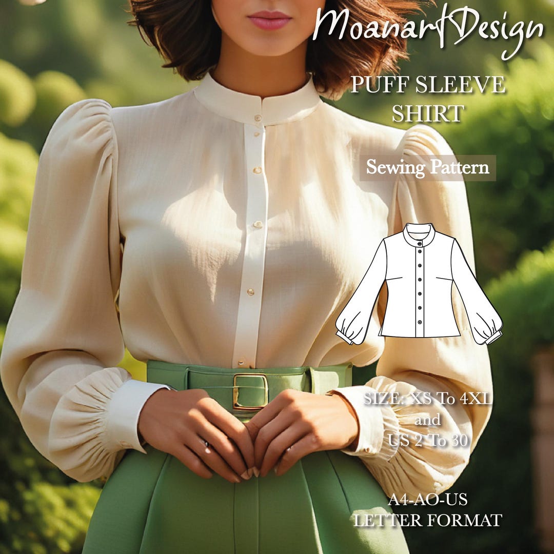 Puff Sleeve Shirt Pattern Band Collar Linen Shirt Sewing Pattern
