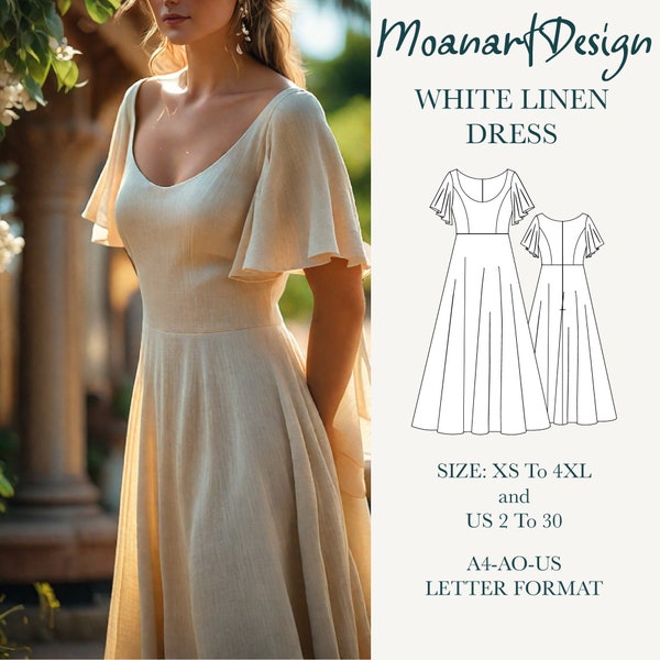 Bell Sleeve Dress Cottagecore Linen Maxi Dress,Bridal Shower Dress Full Circle White Dress, Linen wedding ,Size:A0 A4 US Letter-US 2 to 30