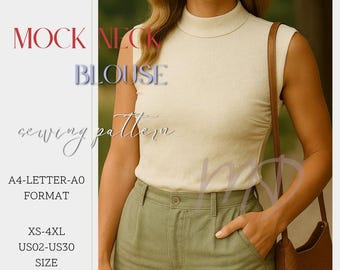 Mock Neck Blouse Sewing Pattern, Sleeveless Turtle Neck Blouse Pattern, Woman Crop Top Sewing PDF, Size:A0 A4 US Letter-US 2 to 30