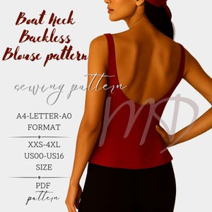 Boat Neck Blouse, Backless Top Pattern, Back Tie Top, Women Top Pattern, Tie Top Pattern, Top Pattern, Pdf Sewing Pattern, Size: XXS-4XL