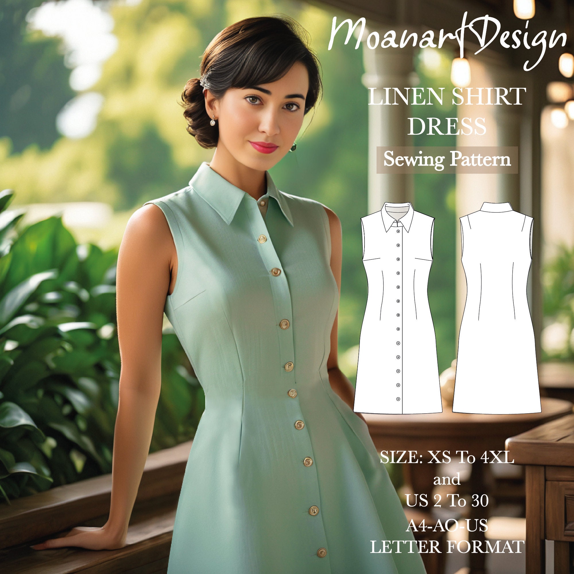 Linen Cottagecore Button up Shirt Dress PDF Pattern, Sleeveless Button