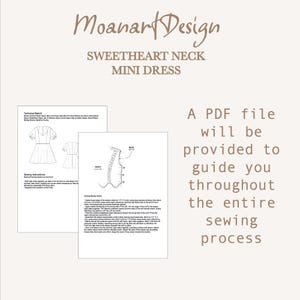 May include: A digital sewing pattern for a sweetheart neckline mini dress. The pattern includes instructions and diagrams for sewing the dress.