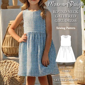 Może przedstawiać: Wzór szycia na sukienkę dla dziewczynki z okrągłym dekoltem i marszczeniem. Wzór jest dla rozmiarów 2-16 lat i jest w formacie A4/AO/US letter.