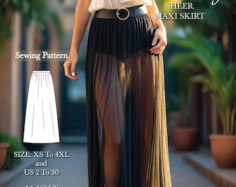 Sheer maxi skirt sewing pattern, festival outfit hippie skirt pattern, gathered skirt pattern, black tulle skirt pattern,Size: US 2 to 30
