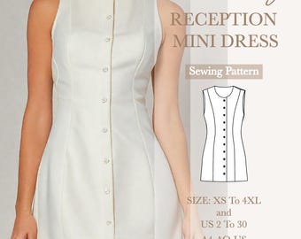 May include: A sewing pattern for a white sleeveless mini dress with a button-up front. The pattern includes sizes XS to 4XL and US sizes 2 to 30. The pattern is in A4-AO-US letter format.