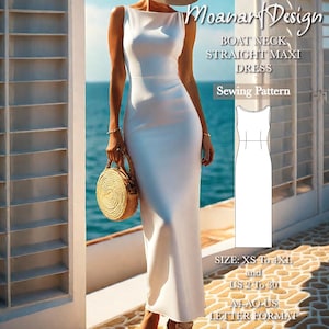 Patrón de vestido largo blanco con escote barco, patrón de vestido de novia sencillo, patrón de camisón, patrón de vestido de talla grande, tamaño: A0 A4 Carta de EE. UU. - EE. UU. 2 a 30