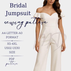 Op de afbeelding: Ivoor trouw jumpsuit met een off-the-shoulder ontwerp. De afbeelding bevat de tekst "Bridal Jumpsuit sewing pattern" en maat informatie: XS-4XL, US02-US30. Het patroon is beschikbaar in A4-LETTER-AO formaat.