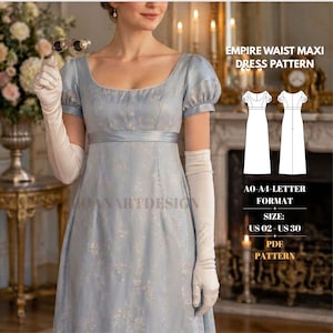 May include: A light blue empire waist maxi dress with short puff sleeves and a subtle floral pattern. The dress is paired with long white gloves. Text on the image reads: EMPIRE WAIST MAXI DRESS PATTERN, A0-A4-LETTER FORMAT, SIZE: US 02 - US 30, PDF PATTERN.