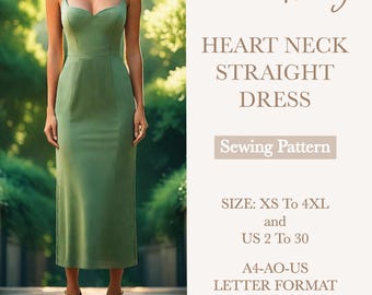 Patrón de vestido midi con cuello de corazón, patrón de vestido de dama de honor con tirantes, patrón de vestido de despedida de soltera sin mangas, tamaño: A0 A4 Carta de EE. UU. - EE. UU. 2 a 30