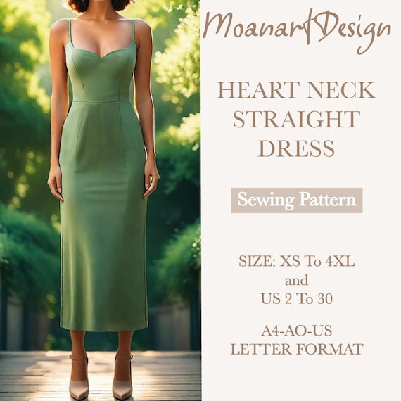Heart neck midi dress pattern, strap bridesmaid dress pattern, sleeveless bridal shower dress pattern, Size:A0 A4 US Letter-US 2 to 30