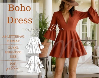 Boho Bell Sleeve Mini Dress Sewing Pattern: XS-4XL (PDF Pattern)