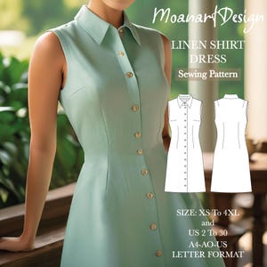 Linen cottagecore button up shirt dress PDF pattern, sleeveless button front shirt dress pattern, Size:A0 A4 US Letter-US 2 to 30