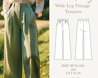 Wide leg vintage linen palazzo pants pDF pattern, A0 A4 US Letter Format, Size: US 2 to 30