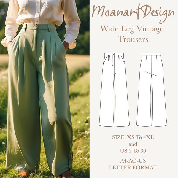 Wide leg vintage linen palazzo pants pDF pattern, A0 A4 US Letter Format, Size: US 2 to 30
